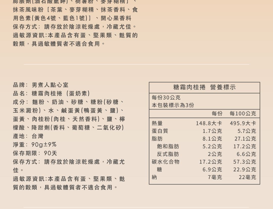 糖霜肉桂捲產品標示圖。清晰列出蛋奶素成分、淨重 90克，以及每份 148.8大卡的熱量、糖分與過敏原資訊