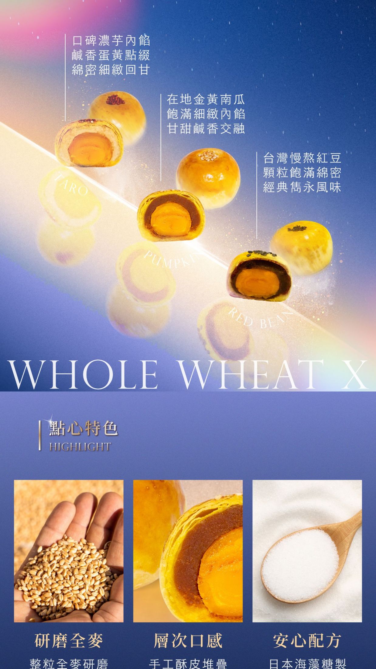 芋頭、南瓜、紅豆全麥蛋黃酥剖面與特點。選用整粒全麥研磨、手工酥皮堆疊層次、並以日本海藻糖調配安心配方。