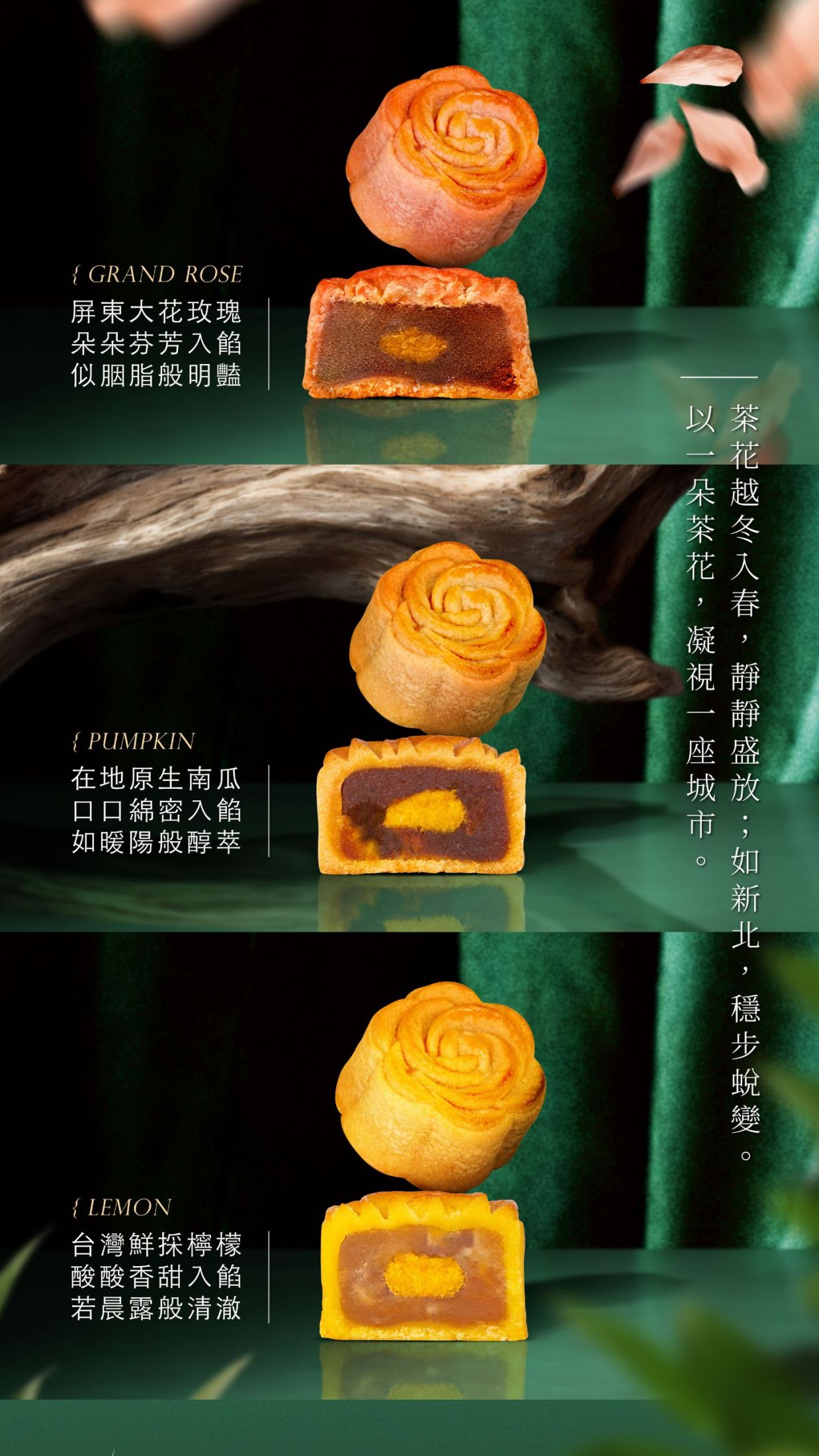 玫瑰、南瓜、檸檬三款茶花餅的切面與產品特色，分別介紹屏東大花玫瑰入餡、在地原生南瓜與鮮採檸檬的酸甜清澈風味。