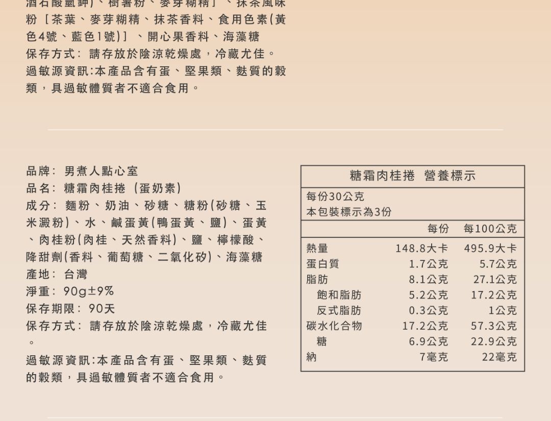 糖霜肉桂捲產品標示圖。清晰列出蛋奶素成分、淨重 90克，以及每份 148.8大卡的熱量、糖分與過敏原資訊