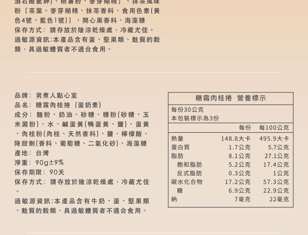 糖霜肉桂捲產品標示圖。清晰列出蛋奶素成分、淨重 90克,以及每份 148.8大卡的熱量、糖分與過敏原資訊
