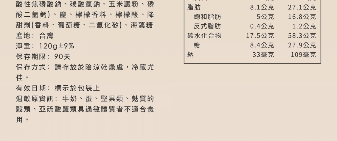 老奶奶檸檬布列塔尼的產品標示圖。包含台灣產地、淨重、保存期限、詳細成分,以及每份 149.7大卡的營養標示